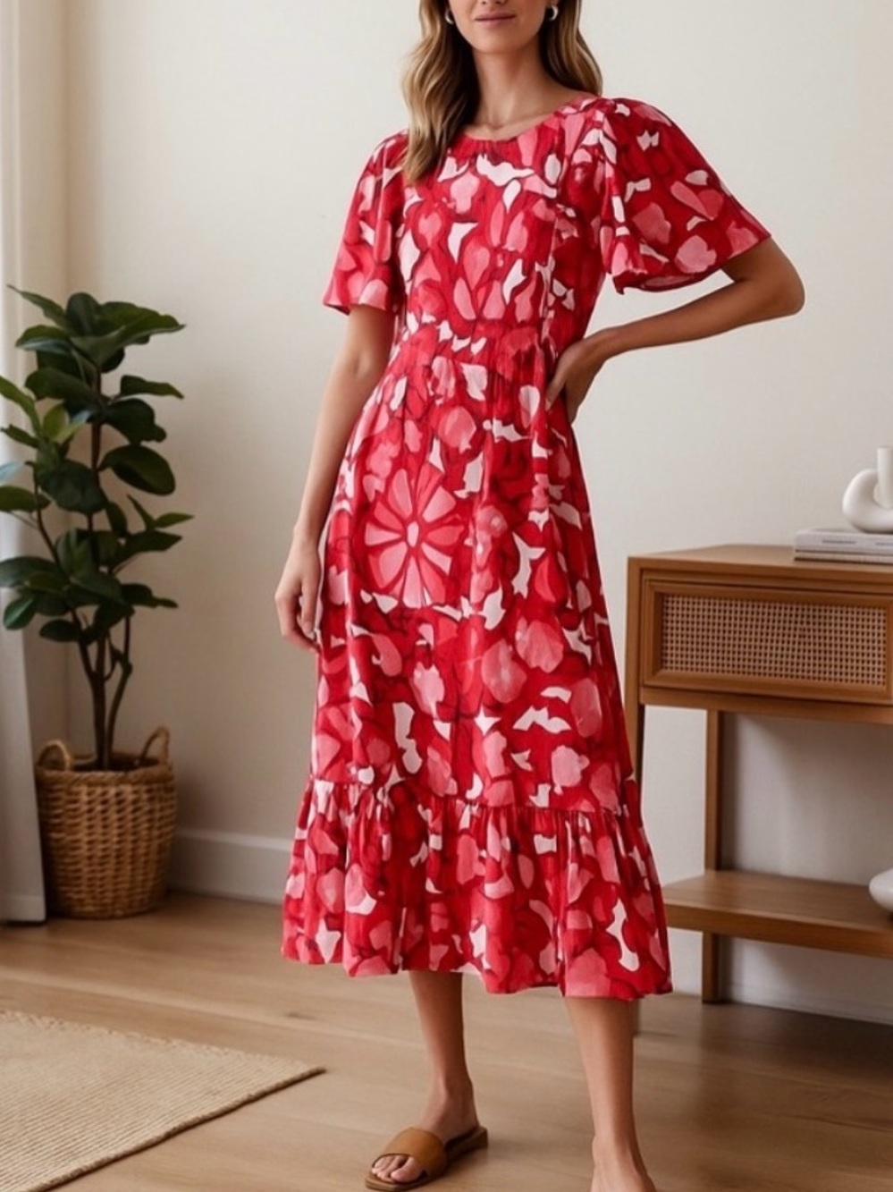🩷 RHODE Red and Pink Abstract Floral Size 14 dress. NWOT. Linen blend. - Picture 5 of 12